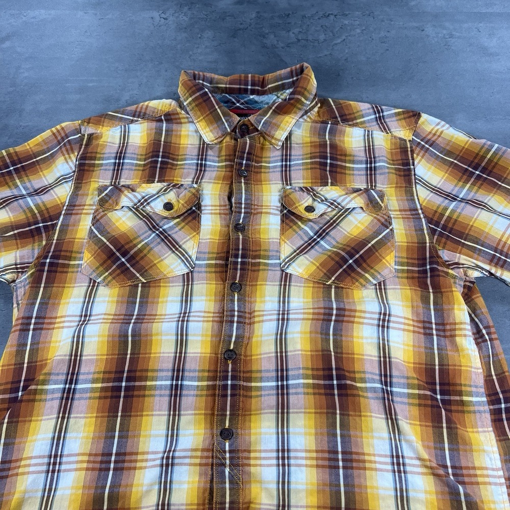 North Face Shirt Mens Medium Yellow Orange Plaid Light Short‎ Sleeve Button